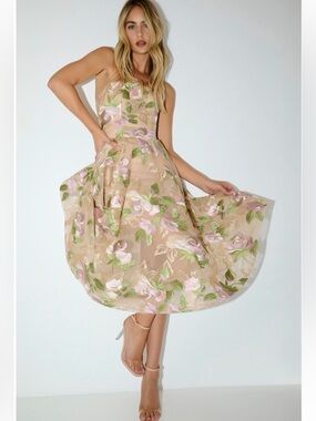 Helsi Noemi Embroidered Floral Strapless Cocktail Midi Dress